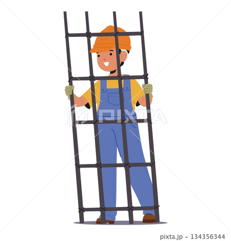 Little boy child builder character wearing protective helmet and uniform installing reinforcing mesh 134356344
