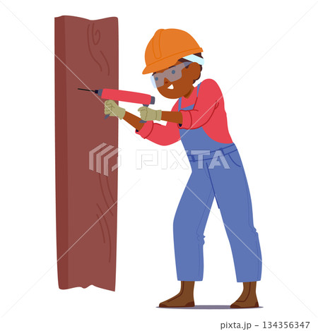 Boy child builder cartoon character wearing hard hat and uniform drilling wall isolated on white Boy child builder cartoon character wearing hard hat and uniform drilling wall isolated on white 134356347