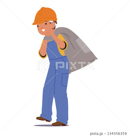 Little boy child cartoon character in hard hat and workwear carrying sack with building material Little boy child cartoon character in hard hat and workwear carrying sack with building material 134356359