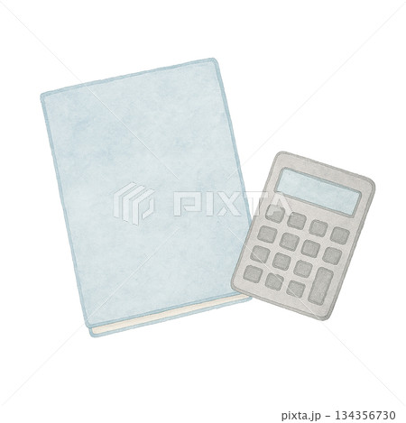 水彩風イラスト　ノートと電卓　ビジネス素材 134356730