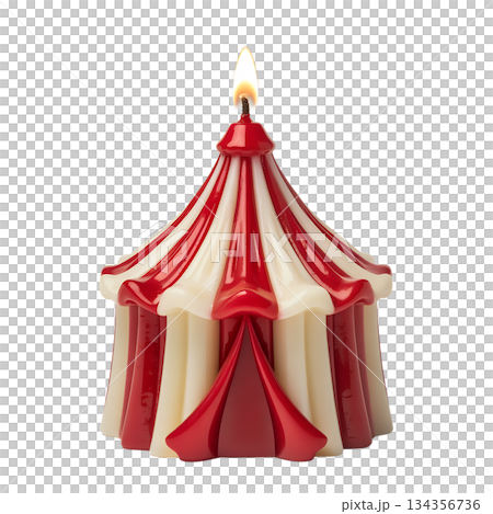 Whimsical striped circus tent shaped candle with warm, burning flame isolated, perfect for birthday or carnival themes Whimsical striped circus tent shaped candle with warm, burning flame isolated, perfect for birthday or carnival themes 134356736