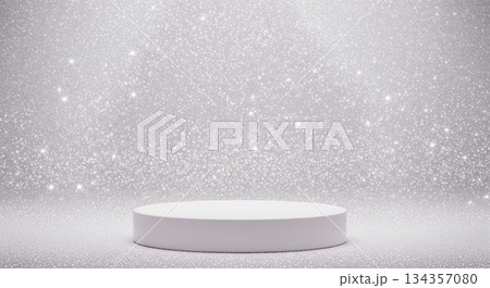 A clean white product podium set against a dazzling silver glitter background 134357080