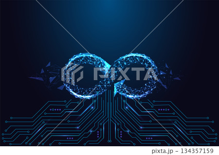 Glowing infinity loop on circuit board, continuous cycle and tech innovation vector illustration 134357159