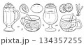 Drink set with hot toddy, Irish coffee illustrations. Hot winter drinks doodle monochrome vector drawing 134357255