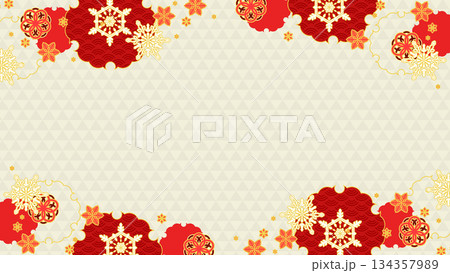年賀風、華やかな紅白の雪と和の背景 134357989