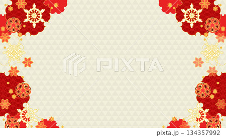 年賀風、華やかな紅白の雪と和の背景 年賀風、華やかな紅白の雪と和の背景 134357992