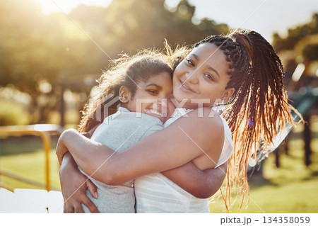 Woman hug young girl outdoor, smile in portrait and love, bonding in park with happiness and care. Relationship, mother and daughter spending quality time together with embrace, affection and family Woman hug young girl outdoor, smile in portrait and love, bonding in park with happiness and care. Relationship, mother and daughter spending quality time together with embrace, affection and family 134358059