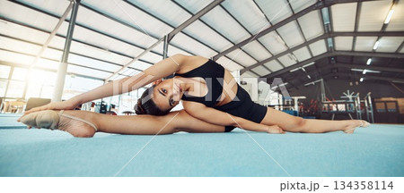Portrait of exercise, fitness and health, woman in a gym, stretching, flexible training. Girl with gymnastics workout, yoga or pilates training. Motivation, wellness and sport for healthy, lifestyle 134358114