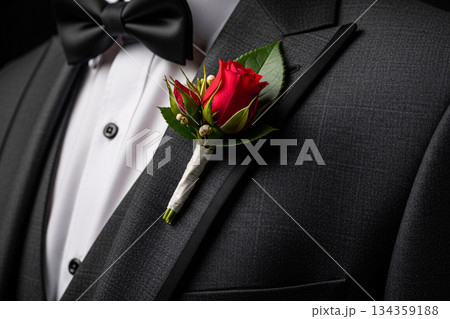 Wedding Ceremony Formal Wear With Single Red Rose Wedding Ceremony Formal Wear With Single Red Rose 134359188