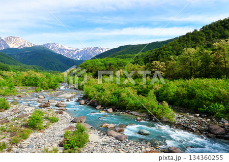 北アルプス白馬三山　松川白馬大橋から 134360255