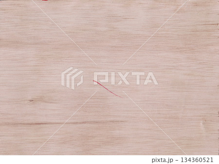 Full Frame Close-Up Photograph of Raw, Unfinished Light Wood Panel Texture Surface Featuring a Single Small Red Marker Slash Detail for Background Use. 134360521