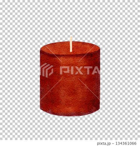 Red candle without flame, isolated on white. Hand-painted watercolor winter Christmas element in warm tones, ideal for festive compositions, holiday cards, packaging, invitations, seasonal design. 134361066