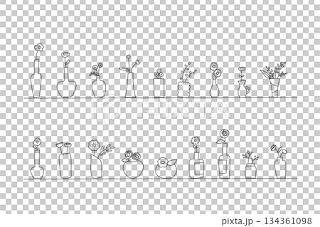 色々なお花の花瓶が並んだ線画イラストセット　 134361098