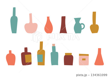 スモーキーカラーの瓶やボトルのイラストセット・様々な形 134361099