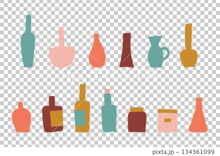スモーキーカラーの瓶やボトルのイラストセット・様々な形 134361099