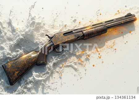 Vintage shotgun with golden accents and dynamic effects. A vintage shotgun is displayed against a textured background. 134361134