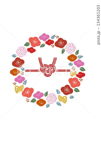 白背景にカラフルな花の装飾と水引をあしらったお祝いをイメージした和風背景素材 134361203