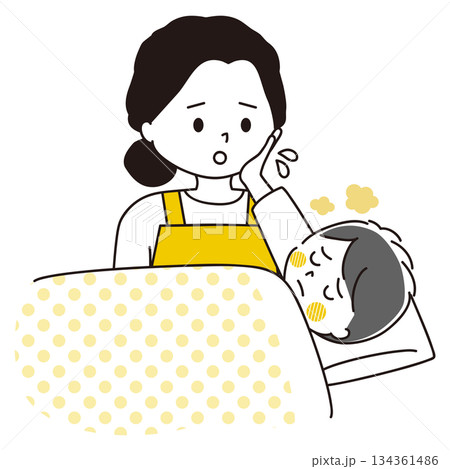 発熱する男の子を心配する女性のイラスト 発熱する男の子を心配する女性のイラスト 134361486