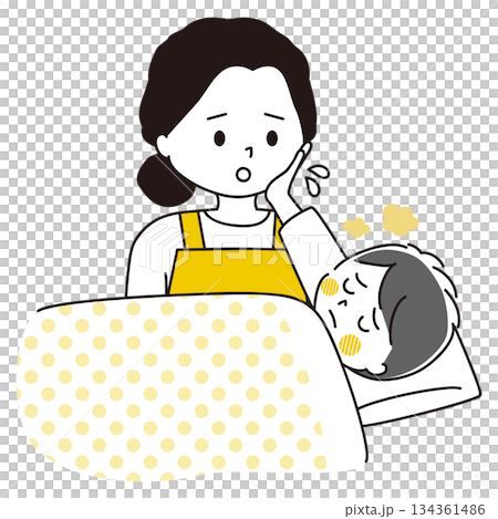 発熱する男の子を心配する女性のイラスト 発熱する男の子を心配する女性のイラスト 134361486