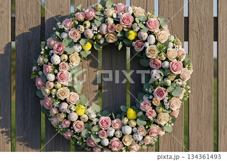 Easter Wreath on Rustic Wooden Fence 134361493