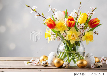 Spring Floral Arrangement with Decorative Eggs Spring Floral Arrangement with Decorative Eggs 134361501