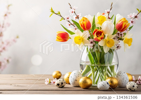Spring Floral Arrangement with Decorative Eggs Spring Floral Arrangement with Decorative Eggs 134361506