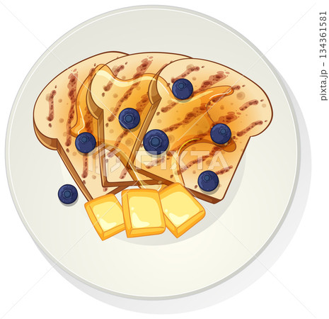 French Toast with Blueberries and Butter on White Plate French Toast with Blueberries and Butter on White Plate 134361581