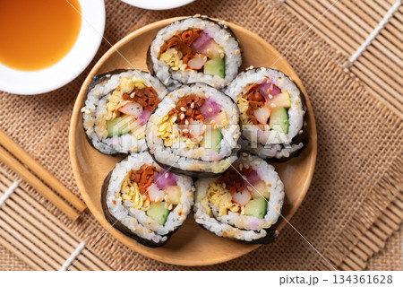 Kimbap, Korean food made from cooked rice with vegetables, egg and wrapped with dried seaweed 134361628