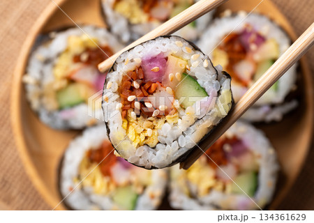 Kimbap, Korean food made from cooked rice with vegetables, egg and wrapped with dried seaweed 134361629