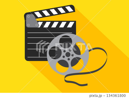 Clapperboard and Film reel stock illustration 134361800