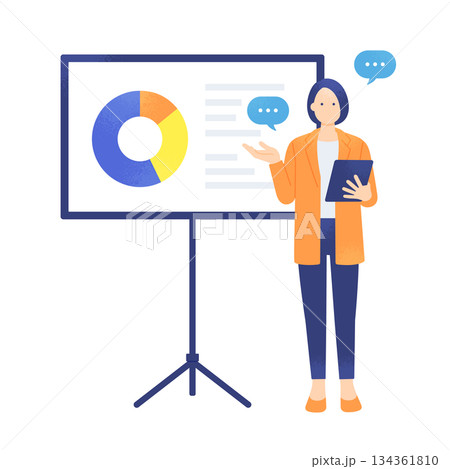 シェア率や業績を解説。円グラフのデータを示してタブレットでプレゼンする女性。 134361810