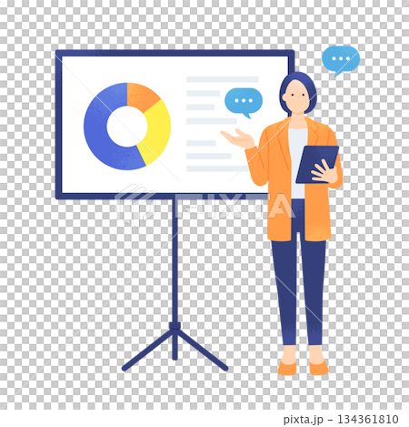 シェア率や業績を解説。円グラフのデータを示してタブレットでプレゼンする女性。 134361810