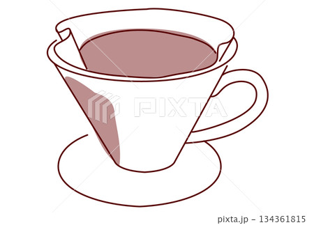 コーヒードリッパーにフィルターとコーヒーの粉をセットしたイラスト 134361815