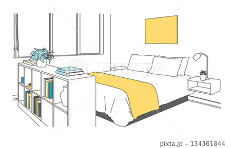 おしゃれでシンプルな寝室の線画イラスト 134361844