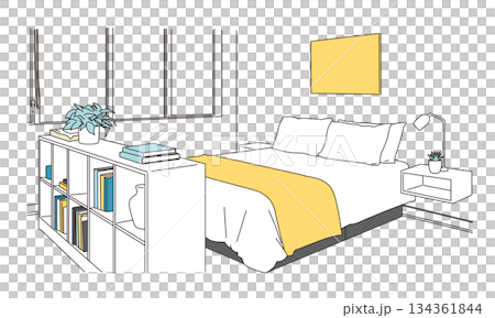 おしゃれでシンプルな寝室の線画イラスト 134361844