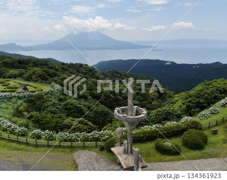 輝北天球館上空から望む錦江湾と桜島の空撮 134361923