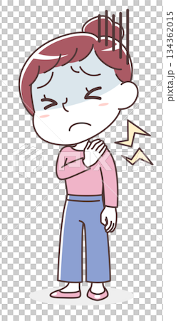 Illustration of a woman suffering from severe stiff shoulders (desk work, eye strain, poor circulation) 134362015