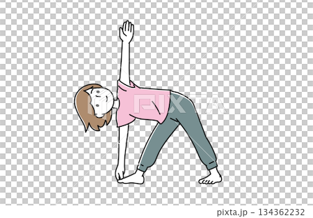 両手を広げ前屈してヨガのポーズをする女性のイラスト 134362232