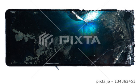 Display glass of mobile phone is cracked or damaged. On isolated white background  134362453