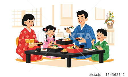 お正月料理を囲んで楽しむ家族の食卓イラスト 134362541