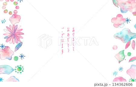 水彩画。水彩タッチの年賀状素材。和風の桜と椿の水彩ベクターフレーム。花の水彩年賀状テンプレート。 水彩画。水彩タッチの年賀状素材。和風の桜と椿の水彩ベクターフレーム。花の水彩年賀状テンプレート。 134362606