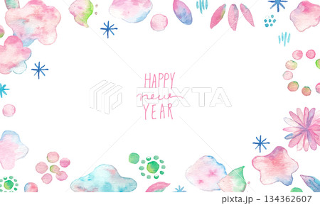 水彩画。水彩タッチの年賀状素材。和風の桜と椿の水彩ベクターフレーム。花の水彩年賀状テンプレート。 水彩画。水彩タッチの年賀状素材。和風の桜と椿の水彩ベクターフレーム。花の水彩年賀状テンプレート。 134362607
