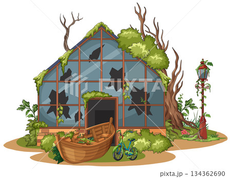 Abandoned Greenhouse Overgrown with Plants and Broken Glass 134362690