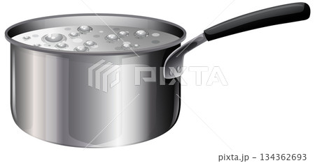 Stainless Steel Saucepan Boiling Water on Kitchen Hotplate 134362693