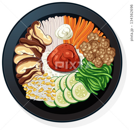 Colorful Asian Rice Bowl with Fresh Vegetables and Mushrooms 134362696