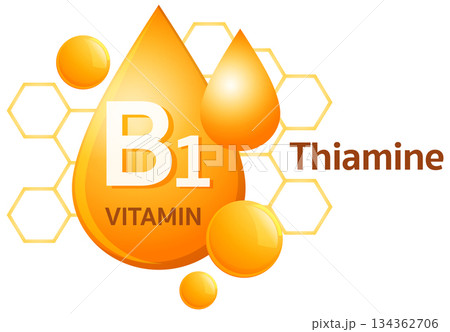 Vitamin B1 Thiamine Molecule Icon with Orange Droplets 134362706