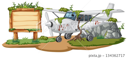 Abandoned Airplane Overgrown With Vines Beside Wooden Sign 134362717