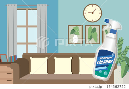 All-Purpose Cleaner Bottle in Modern Living Room Interior All-Purpose Cleaner Bottle in Modern Living Room Interior 134362722