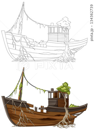 Abandoned Wooden Boat Overgrown With Roots And Moss Abandoned Wooden Boat Overgrown With Roots And Moss 134362739