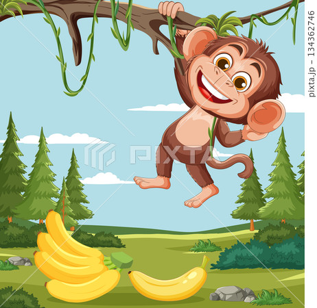 Smiling Monkey Hanging From Tree With Bananas Below Smiling Monkey Hanging From Tree With Bananas Below 134362746
